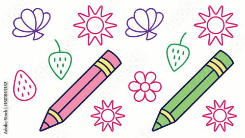 Kid style crayon vector illustrations set with randomly placed fun doodles including nature symbols ideal for child friendly printables
