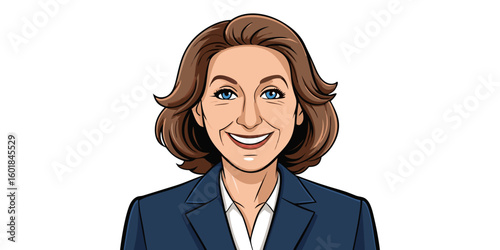 Elegant mature businesswoman smiling confidently in office, mid-forties executive posing for portrait in white background vector illustration.
