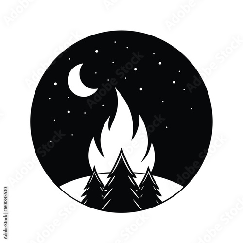 campfire under moonlight vector silhouette.eps