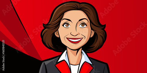 Elegant mature businesswoman smiling confidently in office, mid-forties executive posing for portrait in red black background vector illustration.
