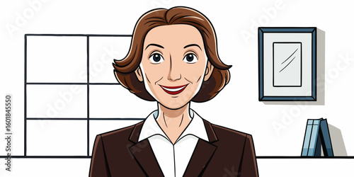 Elegant mature businesswoman smiling confidently in office, mid-forties executive posing for portrait in white background vector illustration.
