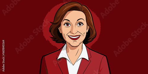 Elegant mature businesswoman smiling confidently in office, mid-forties executive posing for portrait in dark red background vector illustration.
