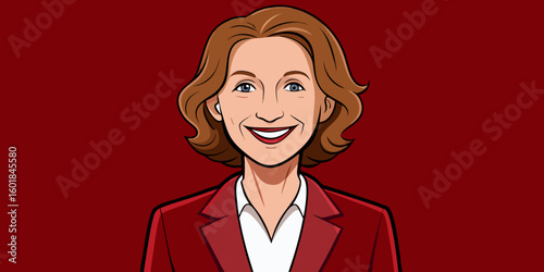 Elegant mature businesswoman smiling confidently in office, mid-forties executive posing for portrait in dark red background vector illustration.
