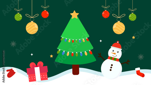 Festive Christmas snowman, tree, gifts, ornaments scene for holiday designs.