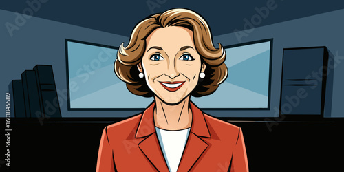 Elegant mature businesswoman smiling confidently in office, mid-forties executive posing for portrait in blue background vector illustration.
