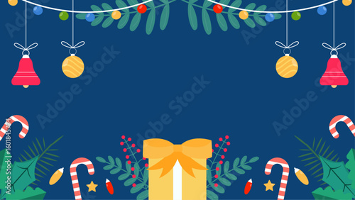 Festive Christmas scene with ornaments, candy, and a gift. Perfect for holiday season designs, greeting cards, and festive advertisements.