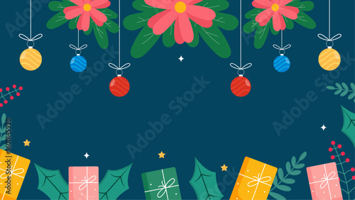 Festive holiday scene with gifts, decorations, and flowers. Perfect for Christmas or celebration themed designs and greeting cards. Vibrant and cheerful.