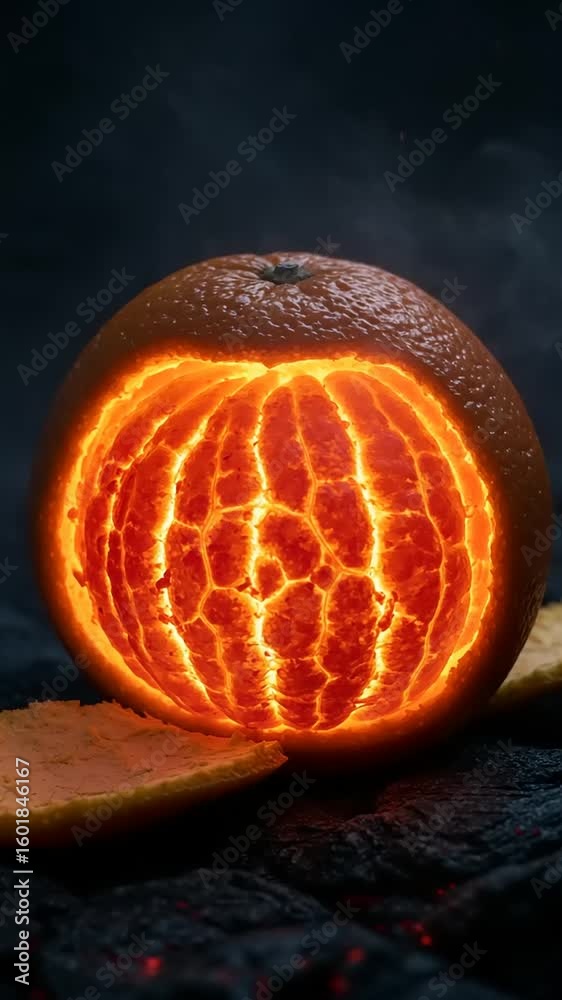 Glowing orange fruit with glowing patterns on display