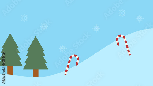 Winter landscape with trees, candy canes, and snowflakes is ideal for holiday and Christmas themed designs, greeting cards, and seasonal promotions.