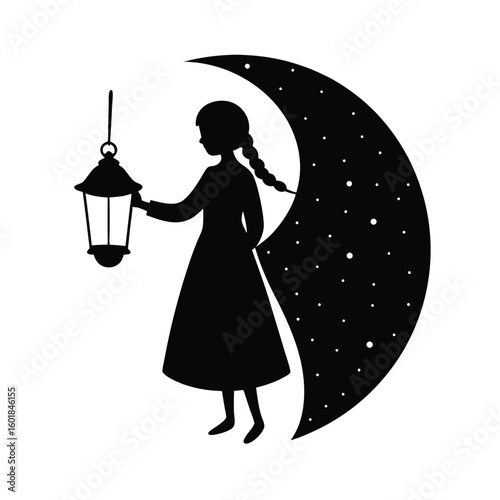 girl holding lantern at night vector silhouette.eps