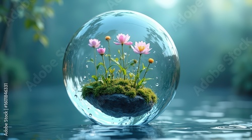 Wallpaper Mural Glass Sphere with Pink Flowers Floating on Water in Nature Scene Torontodigital.ca