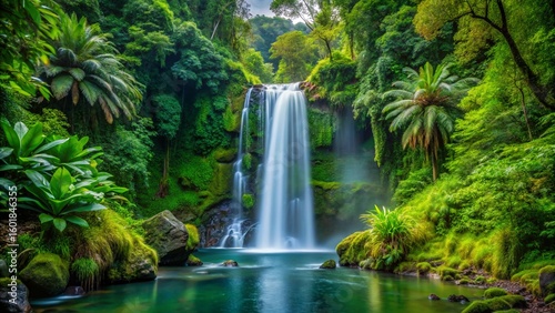 Tropical cascade of water flowing over moss-covered rocks in a lush Thai rainforest