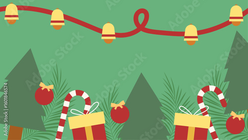 Festive Christmas scene with trees, gifts, candy canes, and bells. Perfect for holiday greeting cards, social media posts, and invitations.