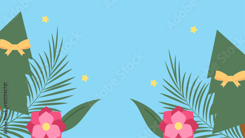 Tropical flowers on Christmas trees are set against a light blue background. Perfect for holiday designs with a tropical twist.