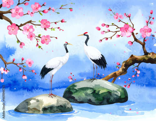 Birds in spring landscape, crane on water's edge. Watercolor art of cranes near river and blooming tree. Two elegant cranes under pink cherry blossoms. Beautiful nature with cranes in Japanese scenery