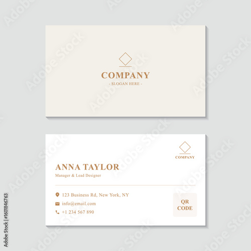 Minimalist and Elegant Business Card Template Design in Beige and Gold. A clean, professional, and sophisticated corporate identity layout.