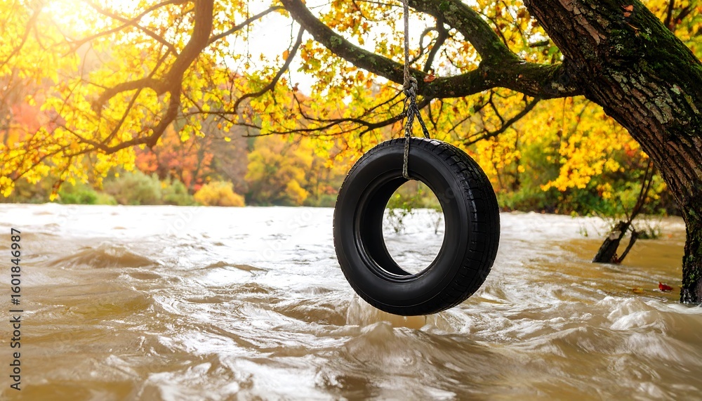 Tire swing over a flowing river in autumn Tire swing over a flowing river in autumn