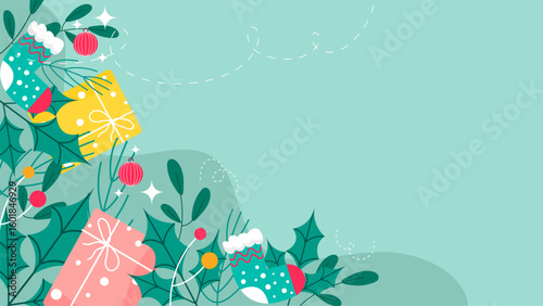Christmas illustration showcasing gifts, socks, and holly. Ideal for festive greeting cards, social media posts, website banners, and holiday promotions.
