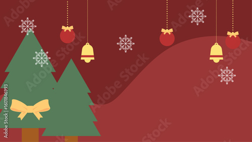 Red Christmas card with festive trees, bells, and snowflakes for holiday greetings. Suitable for holiday cards, backgrounds, and seasonal designs.