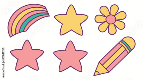 Kid style crayon vector illustrations set with randomly placed fun doodles including nature symbols ideal for child friendly printables
