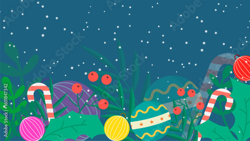 Colorful Christmas ornaments, candy canes, and holly for festive holiday designs, greeting cards, invitations, and seasonal decorations.