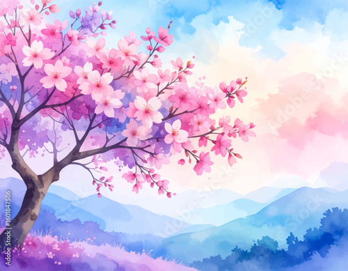Peaceful landscape with vibrant sakura flowers. Gentle sakura tree in a soft watercolor landscape. Serene spring scene with blossoming cherry trees. Blooming sakura tree in a dreamy pastel environment