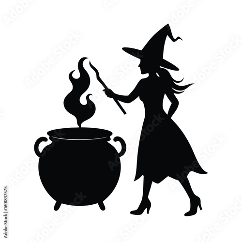 witch stirring cauldron silhouette.eps