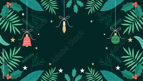 Christmas themed image with ornaments & tropical leaves. Perfect for holiday cards, social media posts, winter themed designs & festive decorations.