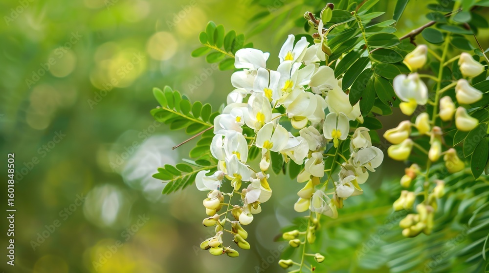 Fototapeta premium Ethereal Flowers of the White Acacia: Delicate Clusters of Fragrant White Blooms, Feathery Petals, and Soft Green Foliage in Natural Settings, Perfect for Botanical Photography, Wedding Decor, Floral 