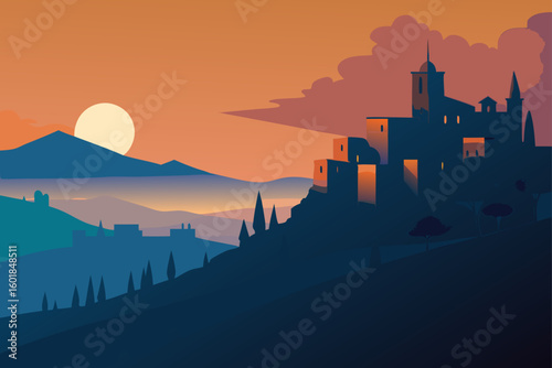 gentle sunrise over the hilltop town of civita di.