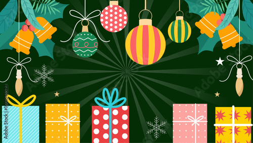 Festive Christmas scene with gifts, ornaments, and bells ideal for holiday cards, social media posts, and seasonal designs.