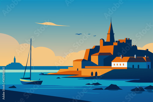 clear skies and old harbor of saint malo brittany
