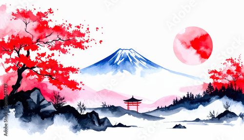 Serene Japanese mountain landscape with bright red leaves. Tranquil Japanese scene with bridge, trees, and mountains. Gorgeous watercolor Japanese landscape with red sunset. Vibrant Japanese artwork