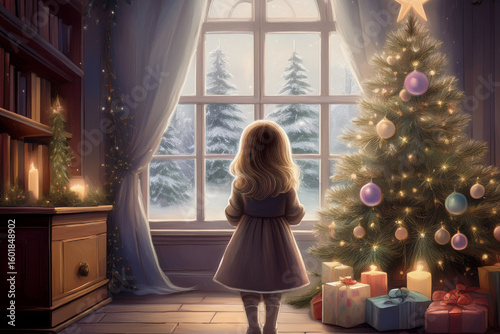 クリスマスツリーを飾った部屋から外を眺める女の子