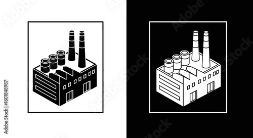 Black and white illustration of a factory building with smokestacks, set against contrasting backgrounds.