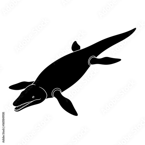 Black silhouette of a plesiosaur swimming, showing its body and flippers.