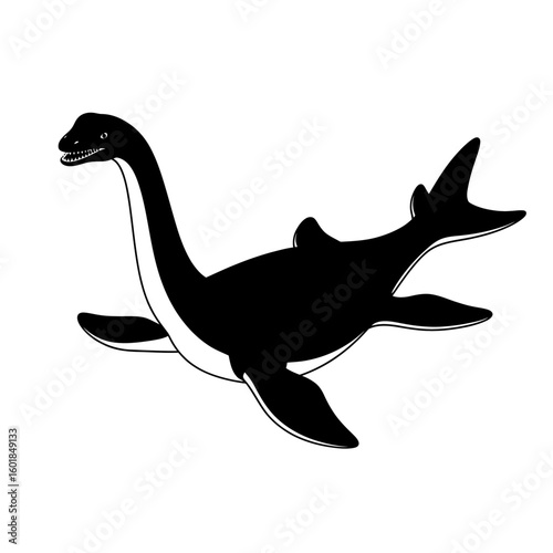 Silhouette of a plesiosaur swimming, showing its long neck, small head, flippers, and distinctive tail.