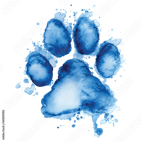 Blue watercolor paw print with splashes on white background dog paw cat paw