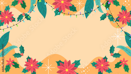 Christmas background with poinsettias lights and leaves perfect for holiday designs, festive cards, invitations, web graphics, and social media.