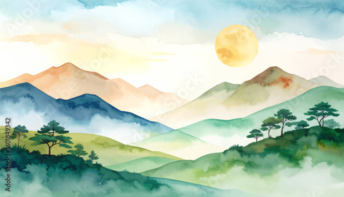 Calm waters and cherry blossoms near Mount Fuji. Japanese lake view with Fuji and cherry blossoms. Serene landscape with mountains and moonlit sky. Mountainous landscape with mist and pine trees