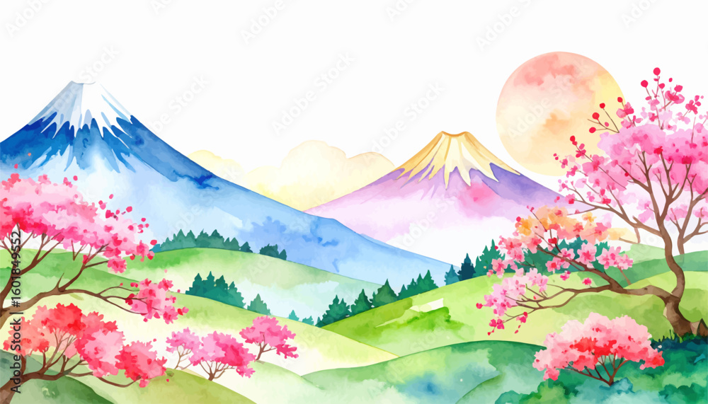 Fototapeta premium Pink blossoms and majestic Fuji in a peaceful scenery. Colorful landscape with cherry blossoms and snow-capped peak. Tranquil scene with sakura trees and serene mountains. Soft pastel colors