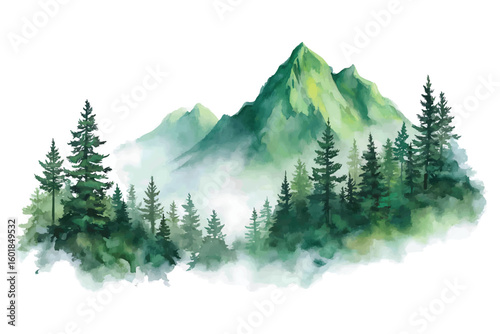 Watercolor misty mountain forest landscape with pine trees mountains