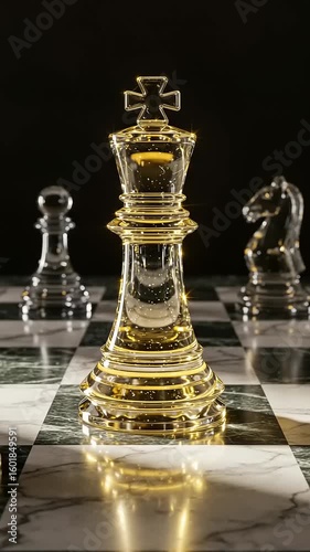 Golden chess piece surrounded by glass figures on board