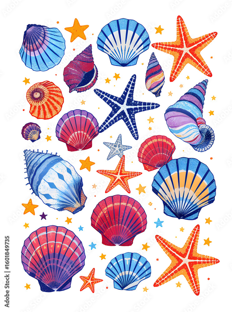 Fototapeta premium Pixelated Seashells and Starfish on Black Background Digital Artwork Marine Life Design with Blue Red and Orange Hue Aquatic Theme