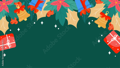 Christmas border with gifts, bells, and poinsettias. Ideal for holiday cards, invitations, posters, and festive designs to celebrate the season.