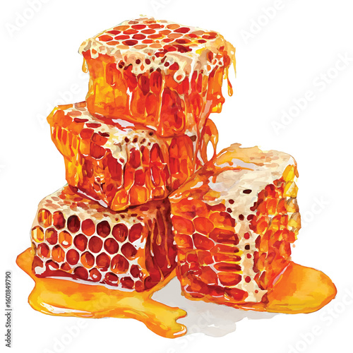 Dripping honeycomb pieces with golden honey and wax texture hexagonal