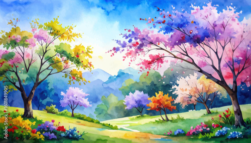 Colorful spring landscape with blooming cherry trees. Vibrant spring scene. Beautiful landscape with pink blossoms and green hills. Lush countryside with vibrant spring flowers and trees