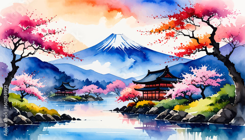 Serene view of Japanese mountains and blooming trees. Traditional Japanese landscape with vibrant flowers. Peaceful cherry blossom garden with pagoda. Mount Fuji backdrop with colorful spring flowers
