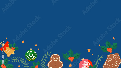 Blue Christmas background with ornaments, gingerbread, and holly. Perfect for holiday cards, social media posts, and festive designs.