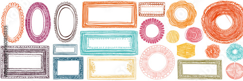 
A set of colorful, hand-drawn frames and borders, each with its own unique design, arranged in an organized pattern on a white background.